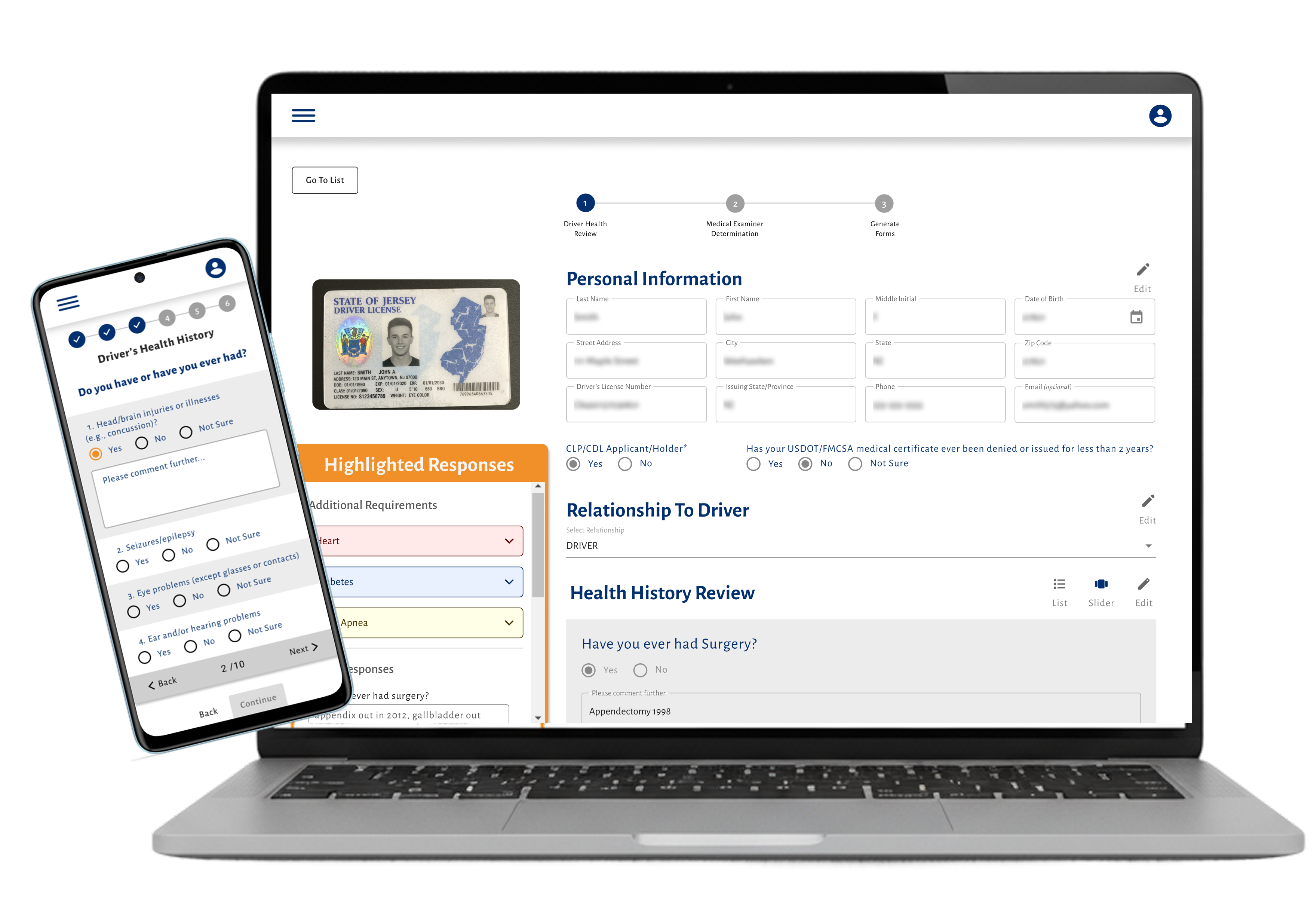 Department of Transportation physicals mockup of app on desktop and mobile.